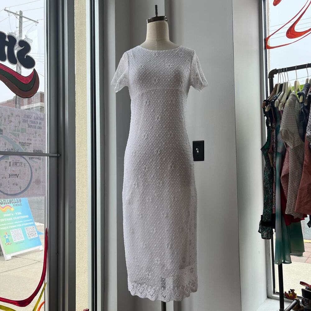 90's Cottagecore White Knit/Crochet Tie Back Dress